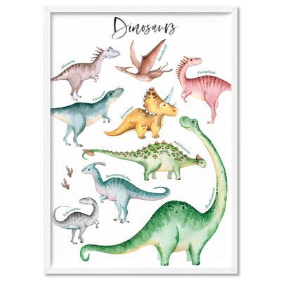 Dinosaur Chart in Watercolour - Art Print, Poster, Stretched Canvas, or Framed Wall Art Print, shown in a white frame