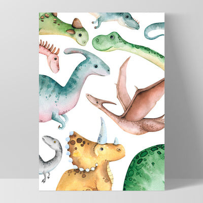 Dinosaur Peek a Boo in Watercolour - Art Print, Poster, Stretched Canvas, or Framed Wall Art Print, shown as a stretched canvas or poster without a frame