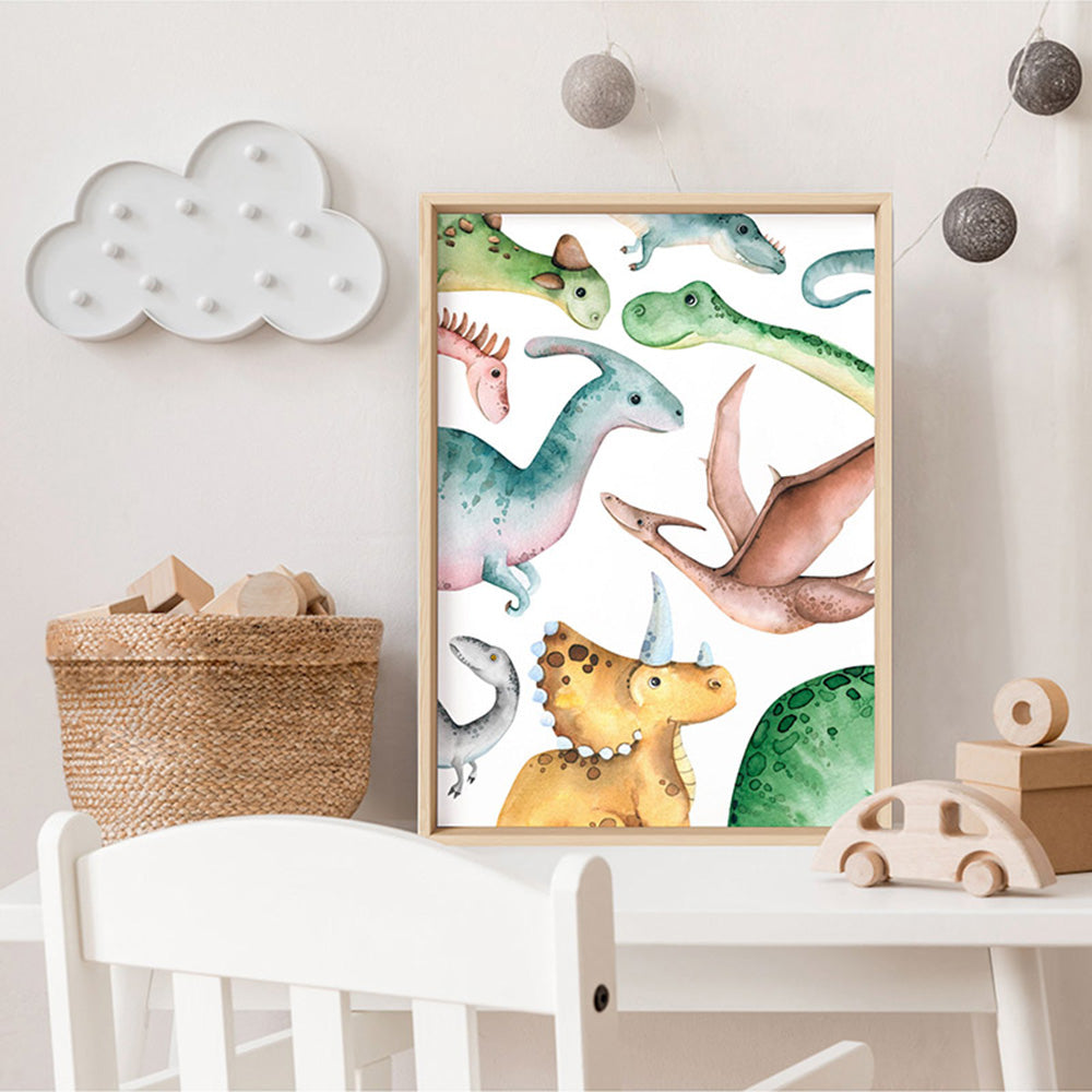 Dinosaur Peek a Boo in Watercolour - Art Print, Poster, Stretched Canvas or Framed Wall Art Prints, shown framed in a room