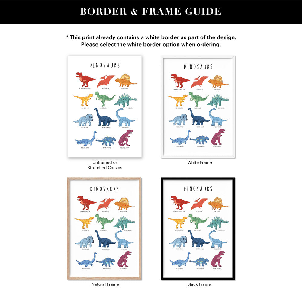 Dinosaur Chart | Bright Tones - Art Print, Poster, Stretched Canvas or Framed Wall Art, Showing White , Black, Natural Frame Colours, No Frame (Unframed) or Stretched Canvas, and With or Without White Borders