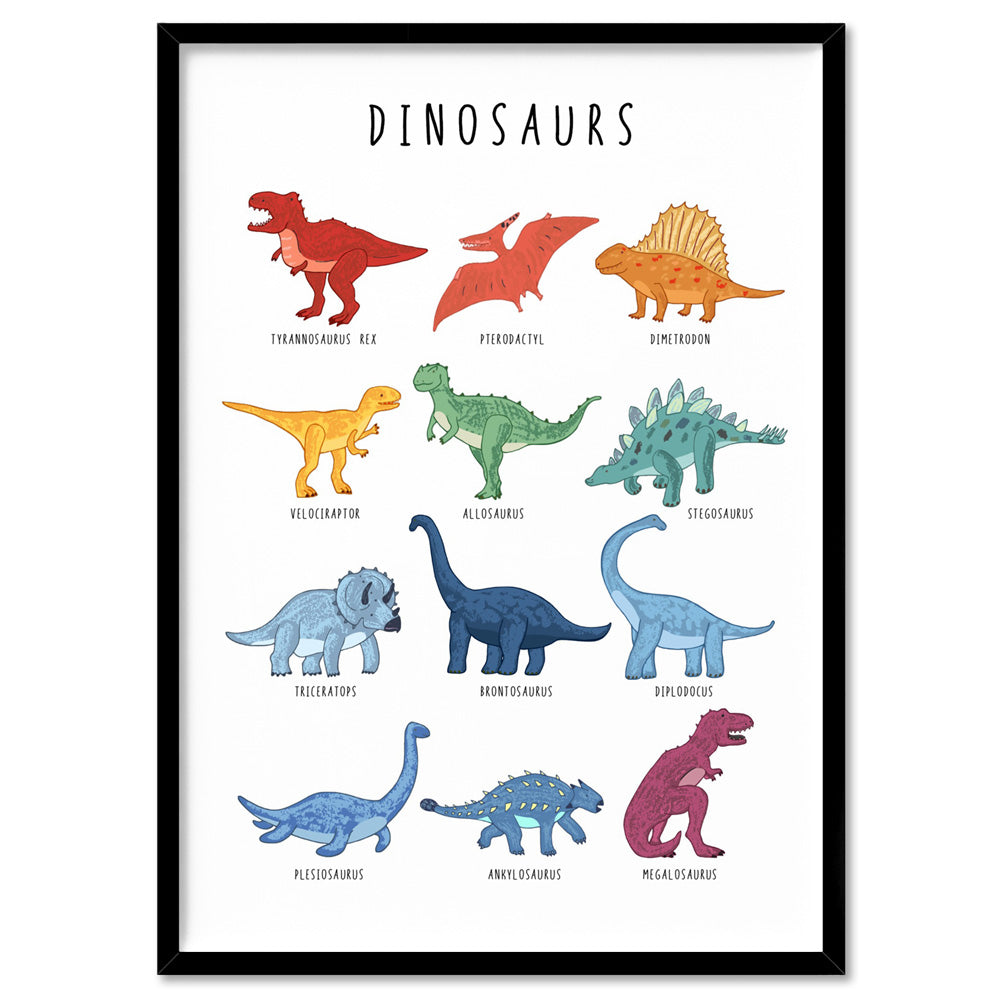 Dinosaur Chart | Bright Tones - Art Print, Poster, Stretched Canvas, or Framed Wall Art Print, shown in a black frame
