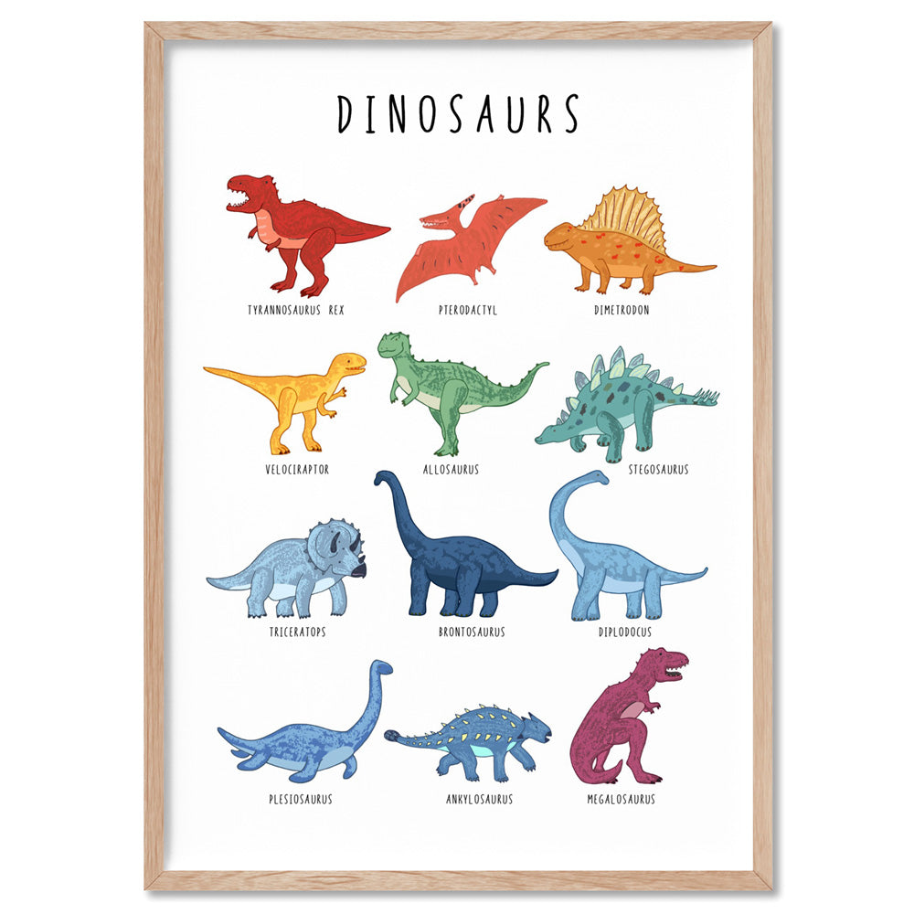 Dinosaur Chart | Bright Tones - Art Print, Poster, Stretched Canvas, or Framed Wall Art Print, shown in a natural timber frame
