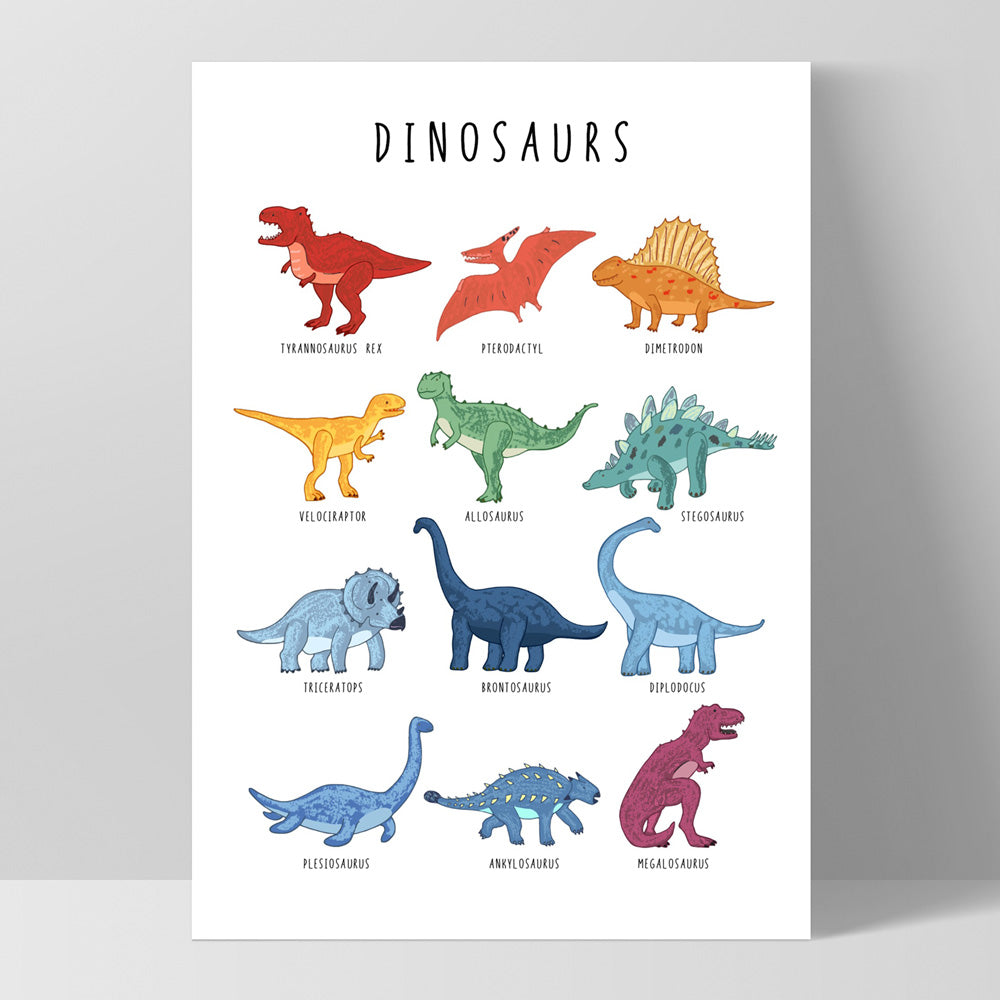 Dinosaur Chart | Bright Tones - Art Print, Poster, Stretched Canvas, or Framed Wall Art Print, shown as a stretched canvas or poster without a frame