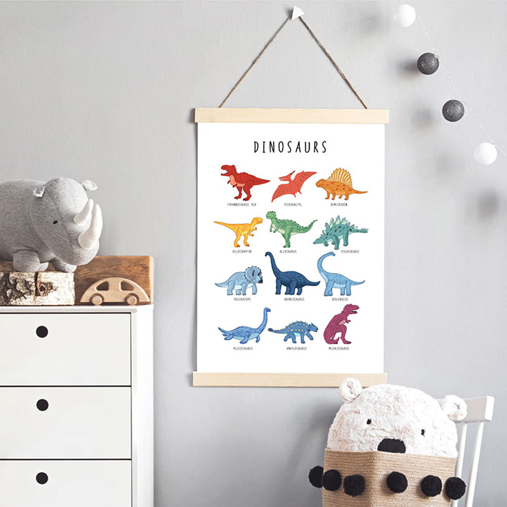 Dinosaur Chart | Bright Tones - Art Print, Poster, Stretched Canvas or Framed Wall Art Prints, shown framed in a room