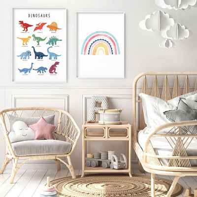 Dinosaur Chart | Bright Tones - Art Print, Poster, Stretched Canvas or Framed Wall Art, shown framed in a home interior space