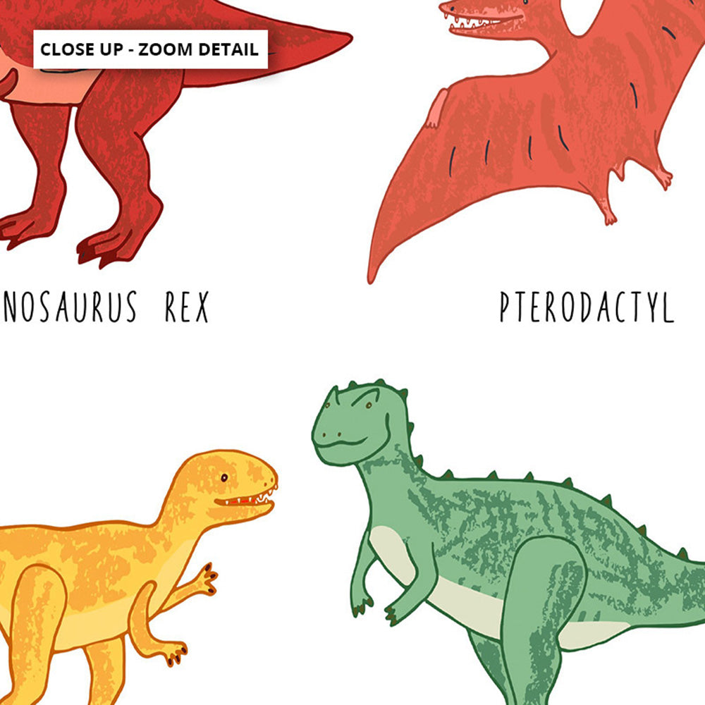 Dinosaur Chart | Bright Tones - Art Print, Poster, Stretched Canvas or Framed Wall Art, Close up View of Print Resolution
