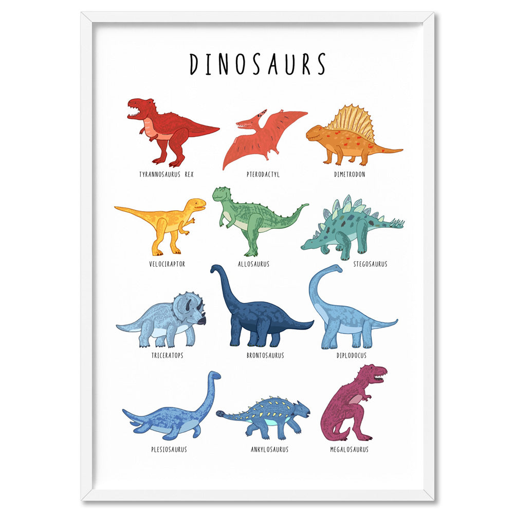 Dinosaur Chart | Bright Tones - Art Print, Poster, Stretched Canvas, or Framed Wall Art Print, shown in a white frame