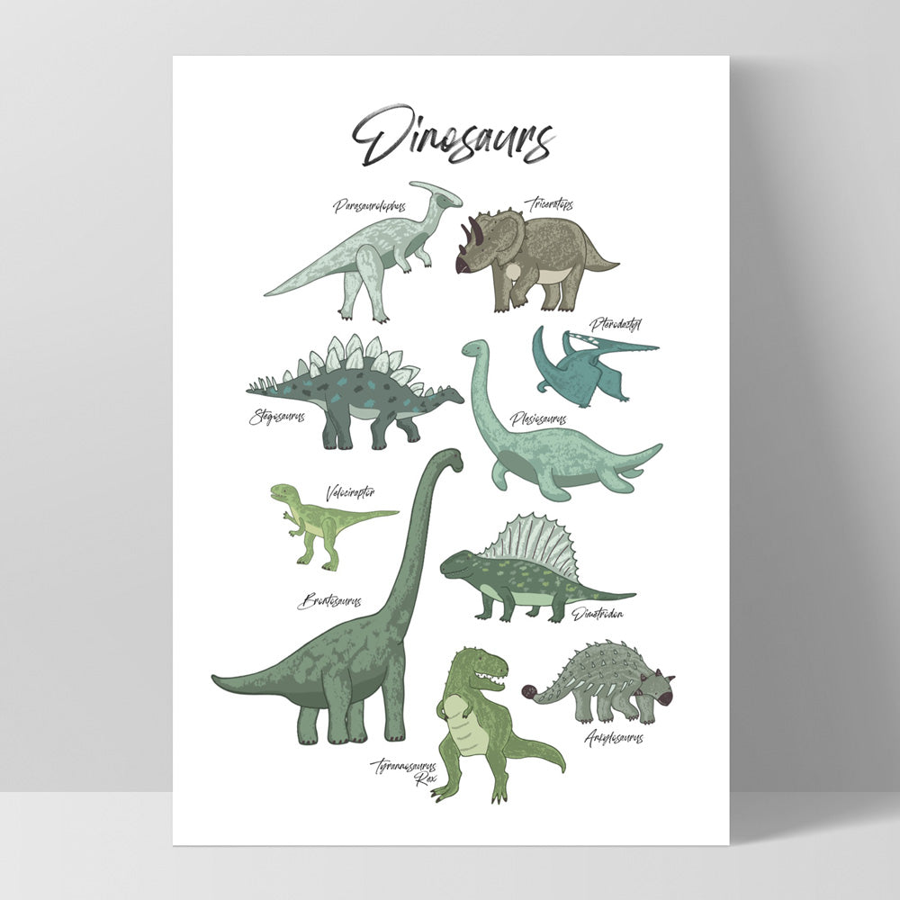 Dinosaur Chart | Green Tones - Art Print, Poster, Stretched Canvas, or Framed Wall Art Print, shown as a stretched canvas or poster without a frame