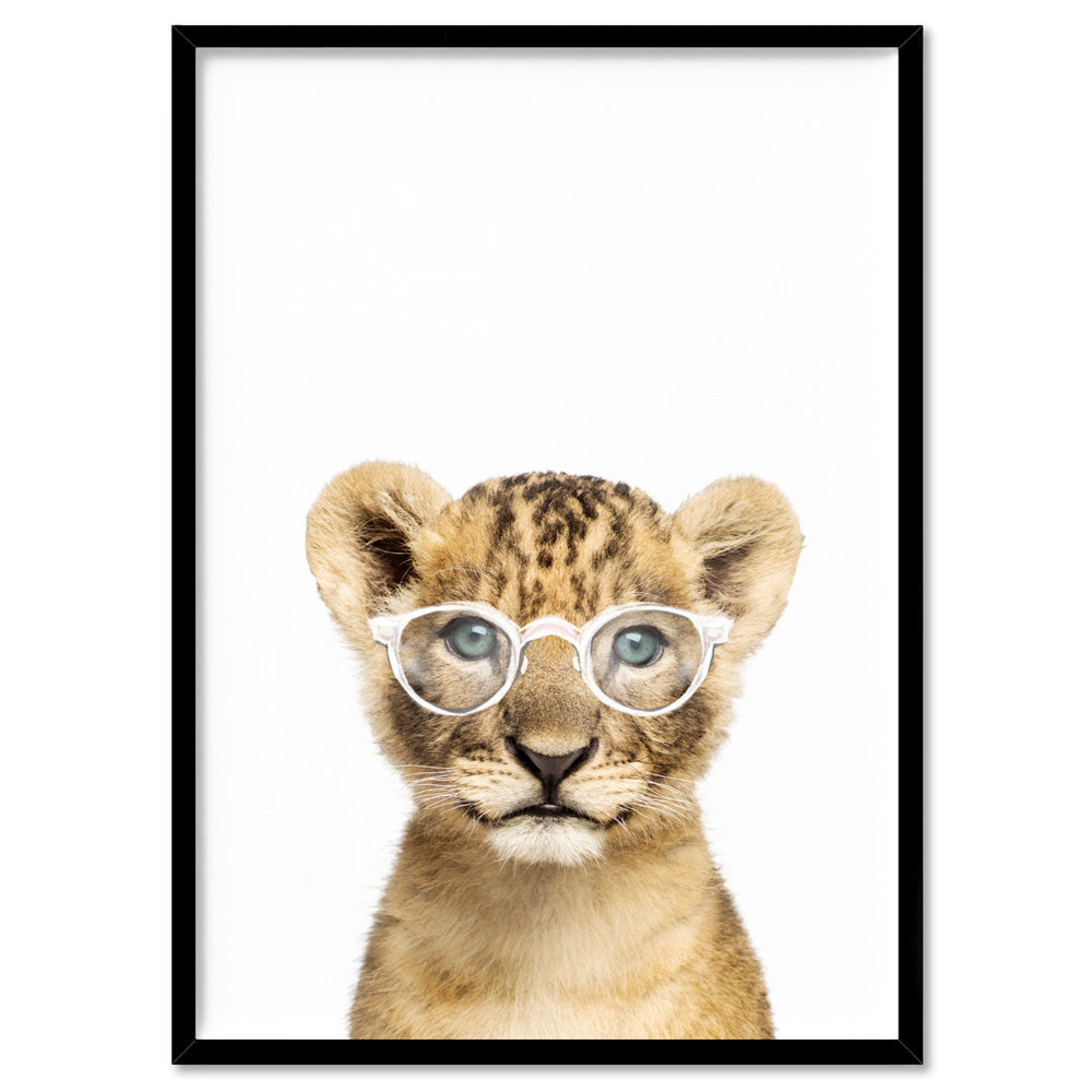 Baby Lion Cub with Sunnies - Art Print, Poster, Stretched Canvas, or Framed Wall Art Print, shown in a black frame