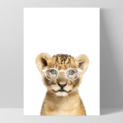 Baby Lion Cub with Sunnies - Art Print, Poster, Stretched Canvas, or Framed Wall Art Print, shown as a stretched canvas or poster without a frame