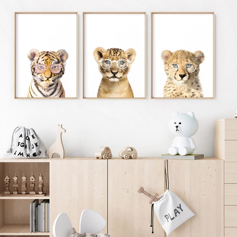 Baby Lion Cub with Sunnies - Art Print, Poster, Stretched Canvas or Framed Wall Art, shown framed in a home interior space