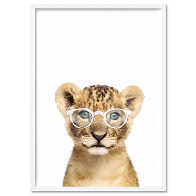 Baby Lion Cub with Sunnies - Art Print, Poster, Stretched Canvas, or Framed Wall Art Print, shown in a white frame