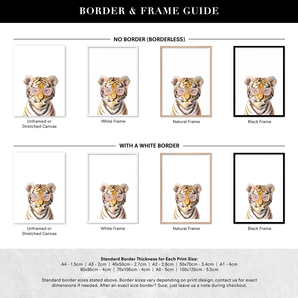 Baby Tiger Cub with Sunnies- Art Print, Poster, Stretched Canvas or Framed Wall Art, Showing White , Black, Natural Frame Colours, No Frame (Unframed) or Stretched Canvas, and With or Without White Borders