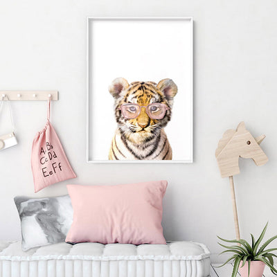 Baby Tiger Cub with Sunnies- Art Print, Poster, Stretched Canvas or Framed Wall Art Prints, shown framed in a room