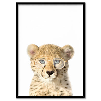 Baby Cheetah Cub with Sunnies - Art Print, Poster, Stretched Canvas, or Framed Wall Art Print, shown in a black frame