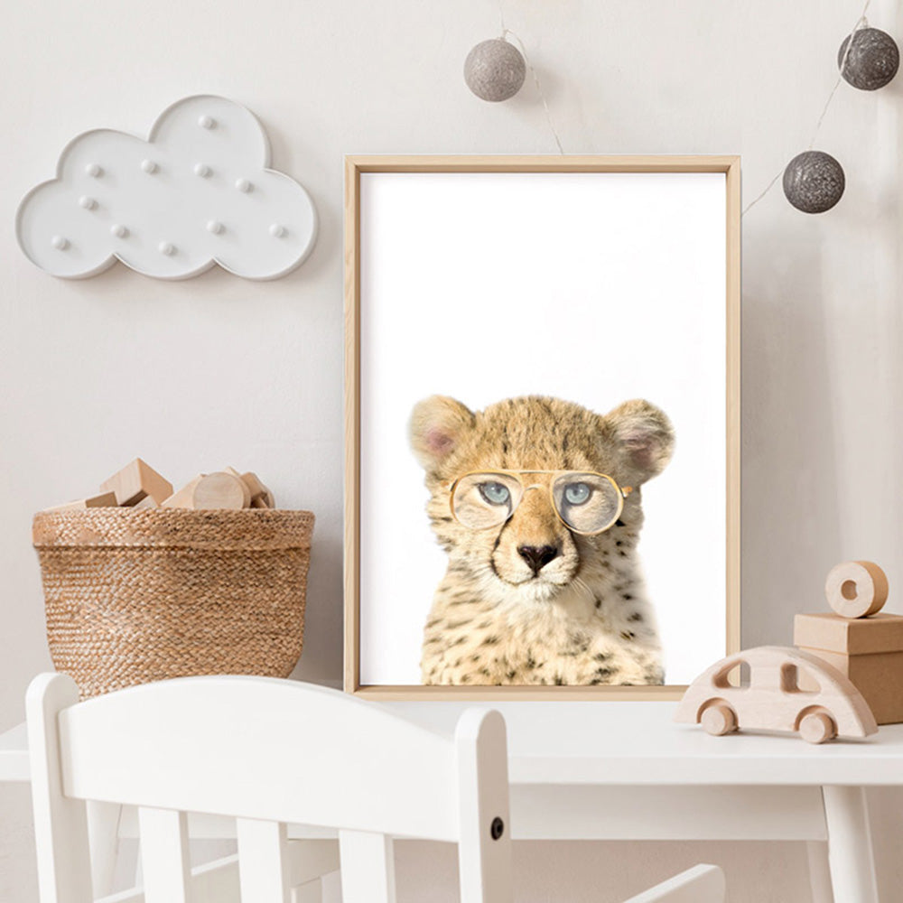Baby Cheetah Cub with Sunnies - Art Print, Poster, Stretched Canvas or Framed Wall Art Prints, shown framed in a room