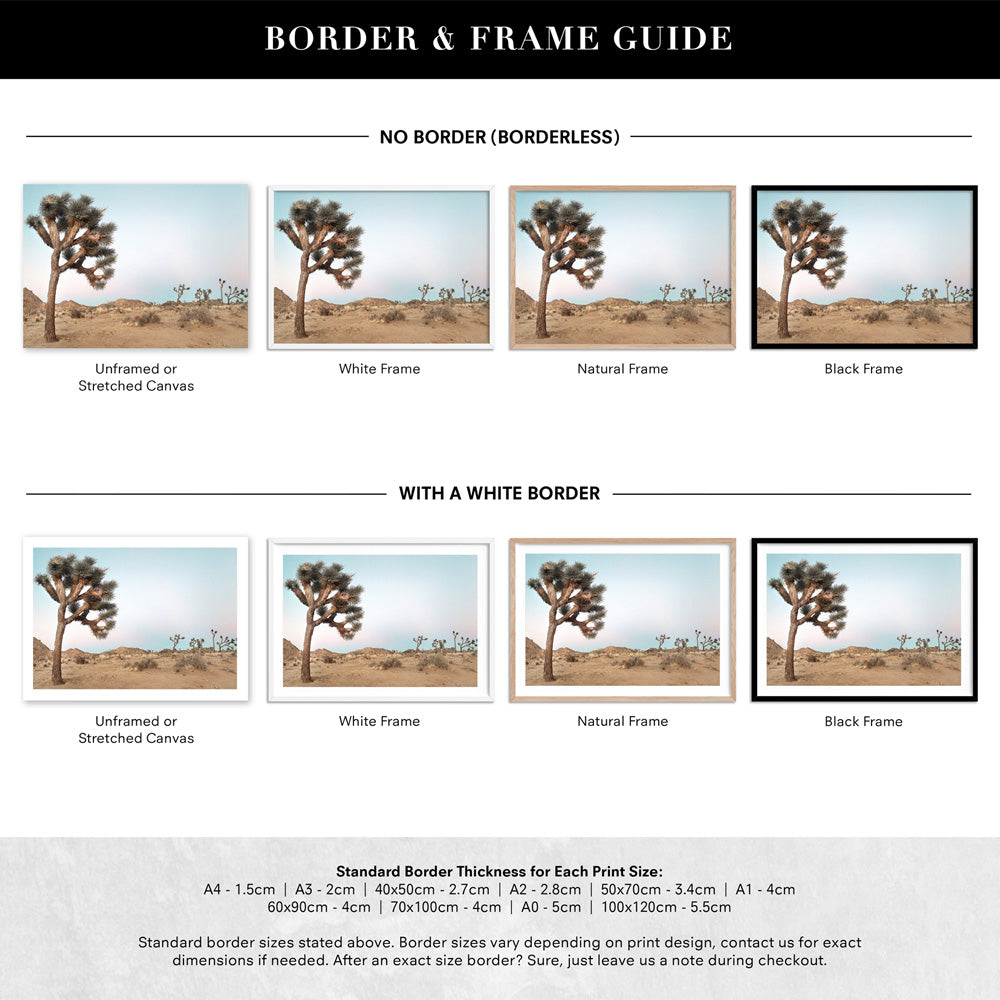 Joshua Tree Desert Landscape III - Art Print, Poster, Stretched Canvas or Framed Wall Art, Showing White , Black, Natural Frame Colours, No Frame (Unframed) or Stretched Canvas, and With or Without White Borders