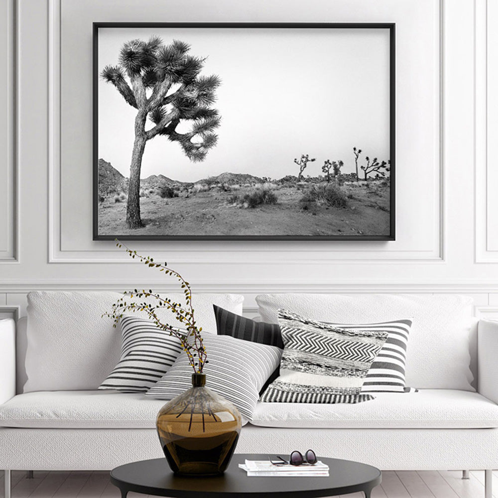 Joshua Tree Desert Landscape Black and White - Art Print, Poster, Stretched Canvas or Framed Wall Art Prints, shown framed in a room