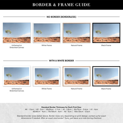 Lone Gumtree Outback View I - Art Print, Poster, Stretched Canvas or Framed Wall Art, Showing White , Black, Natural Frame Colours, No Frame (Unframed) or Stretched Canvas, and With or Without White Borders