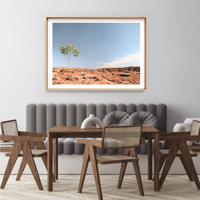 Lone Gumtree Outback View I - Art Print, Poster, Stretched Canvas or Framed Wall Art Prints, shown framed in a room