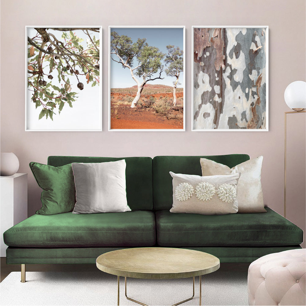 Leaves & Gumnuts - Art Print, Poster, Stretched Canvas or Framed Wall Art, shown framed in a home interior space