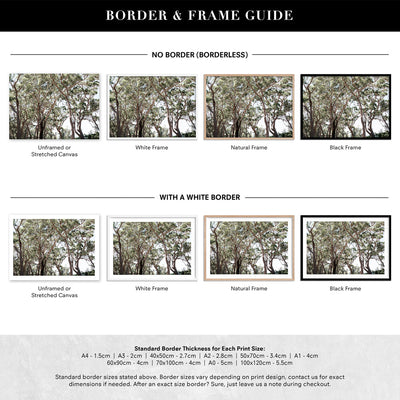 Among the Gumtrees II - Art Print, Poster, Stretched Canvas or Framed Wall Art, Showing White , Black, Natural Frame Colours, No Frame (Unframed) or Stretched Canvas, and With or Without White Borders