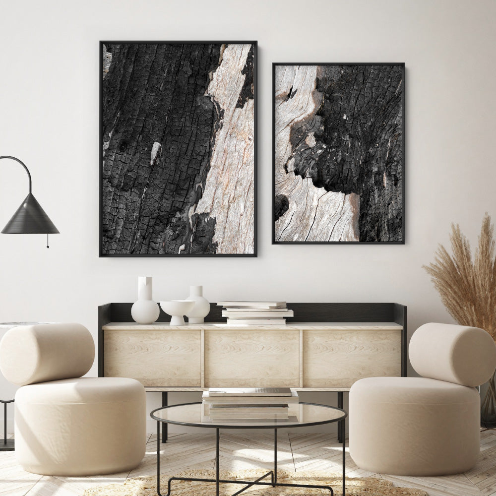 Gumtree | Charred Eucalypt II - Art Print, Poster, Stretched Canvas or Framed Wall Art, shown framed in a home interior space