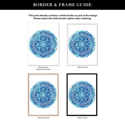 Mandala Watercolour Blues I - Art Print, Poster, Stretched Canvas or Framed Wall Art, Showing White , Black, Natural Frame Colours, No Frame (Unframed) or Stretched Canvas, and With or Without White Borders