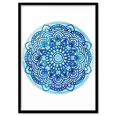 Mandala Watercolour Blues I - Art Print, Poster, Stretched Canvas, or Framed Wall Art Print, shown in a black frame