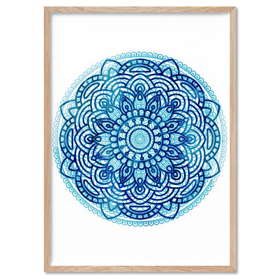 Mandala Watercolour Blues I - Art Print, Poster, Stretched Canvas, or Framed Wall Art Print, shown in a natural timber frame