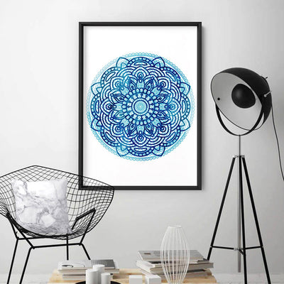 Mandala Watercolour Blues I - Art Print, Poster, Stretched Canvas or Framed Wall Art Prints, shown framed in a room