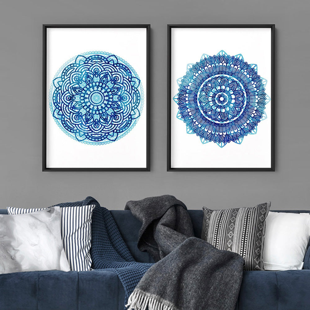 Mandala Watercolour Blues I - Art Print, Poster, Stretched Canvas or Framed Wall Art, shown framed in a home interior space