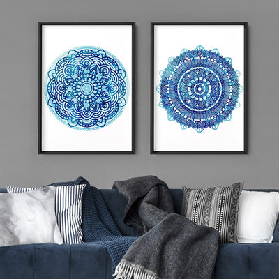 Mandala Watercolour Blues I - Art Print, Poster, Stretched Canvas or Framed Wall Art, shown framed in a home interior space