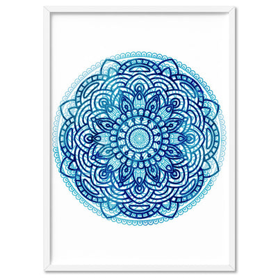 Mandala Watercolour Blues I - Art Print, Poster, Stretched Canvas, or Framed Wall Art Print, shown in a white frame