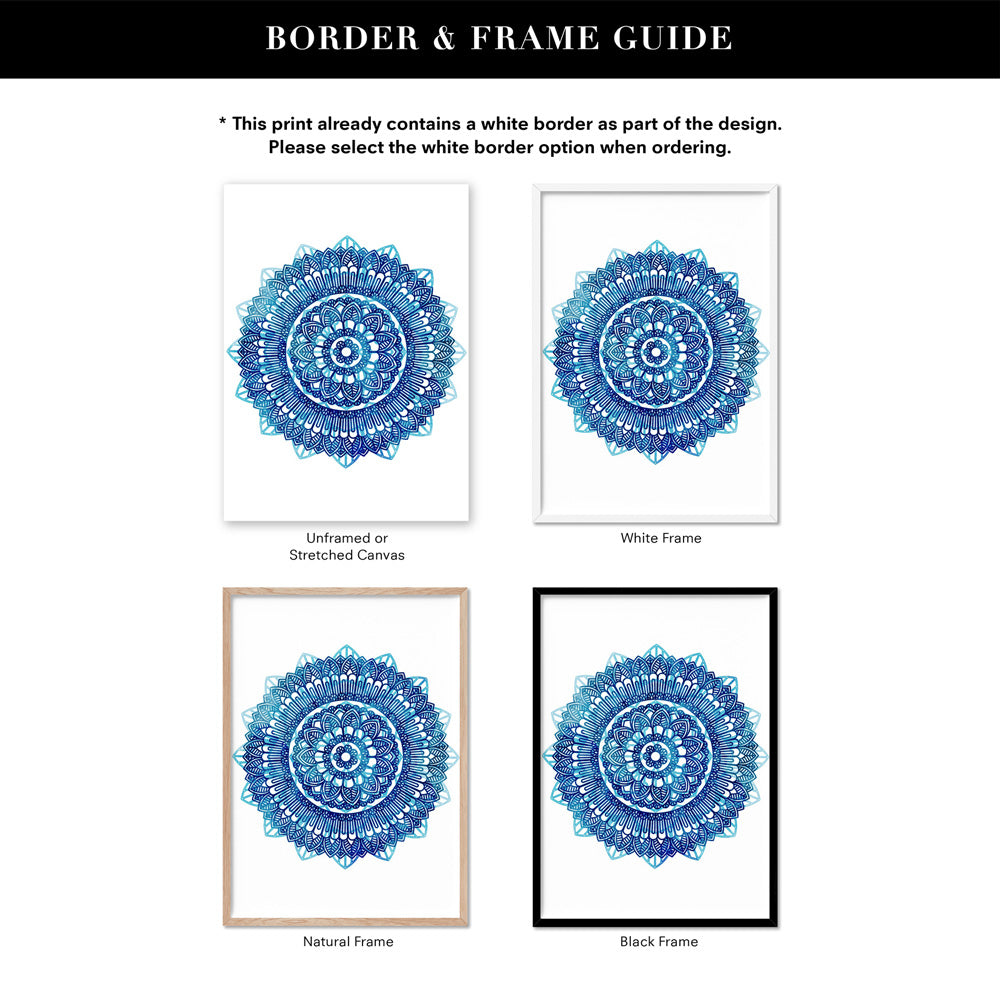 Mandala Watercolour Blues II - Art Print, Poster, Stretched Canvas or Framed Wall Art, Showing White , Black, Natural Frame Colours, No Frame (Unframed) or Stretched Canvas, and With or Without White Borders