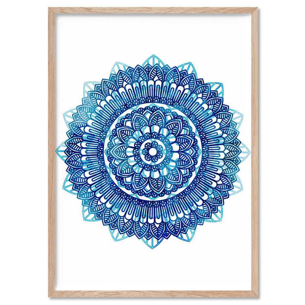 Mandala Watercolour Blues II - Art Print, Poster, Stretched Canvas, or Framed Wall Art Print, shown in a natural timber frame