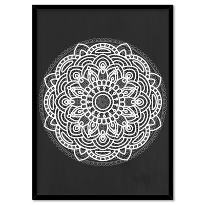 Mandala in Charcoal & White - Art Print, Poster, Stretched Canvas, or Framed Wall Art Print, shown in a black frame