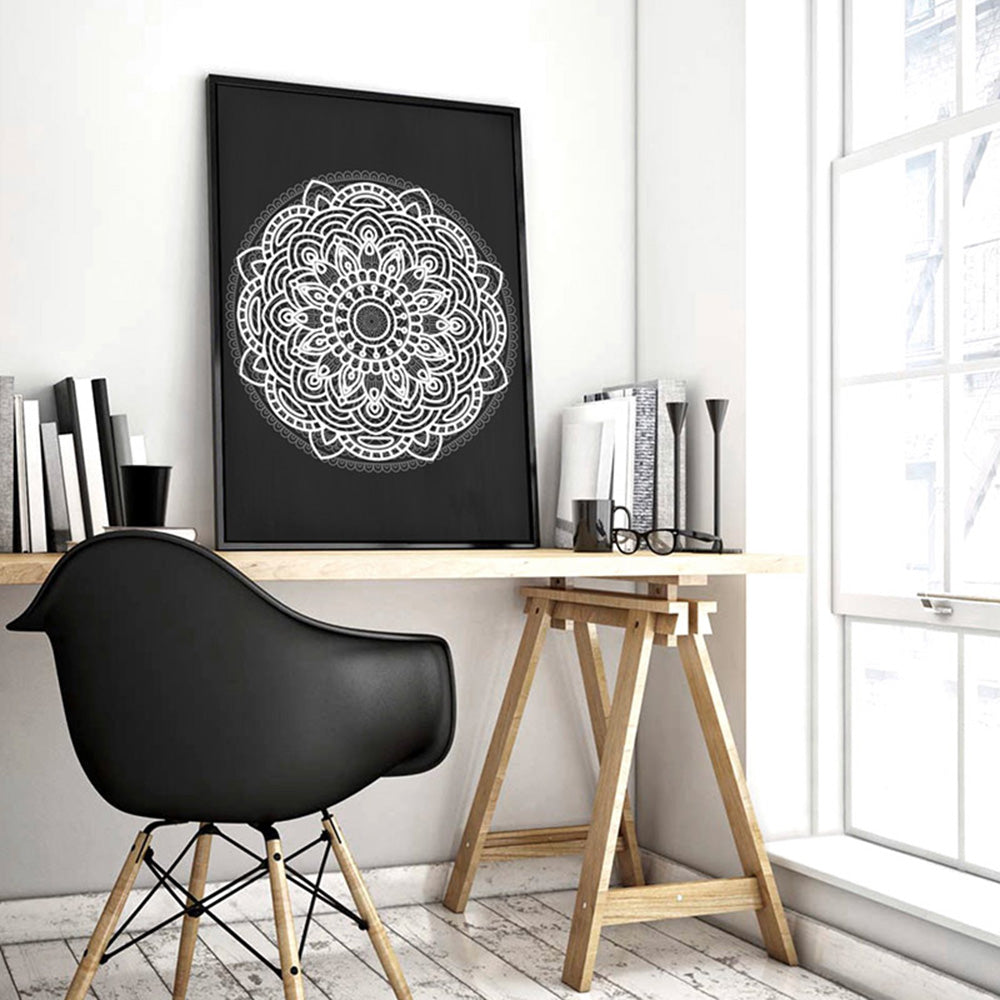 Mandala in Charcoal & White - Art Print, Poster, Stretched Canvas or Framed Wall Art Prints, shown framed in a room