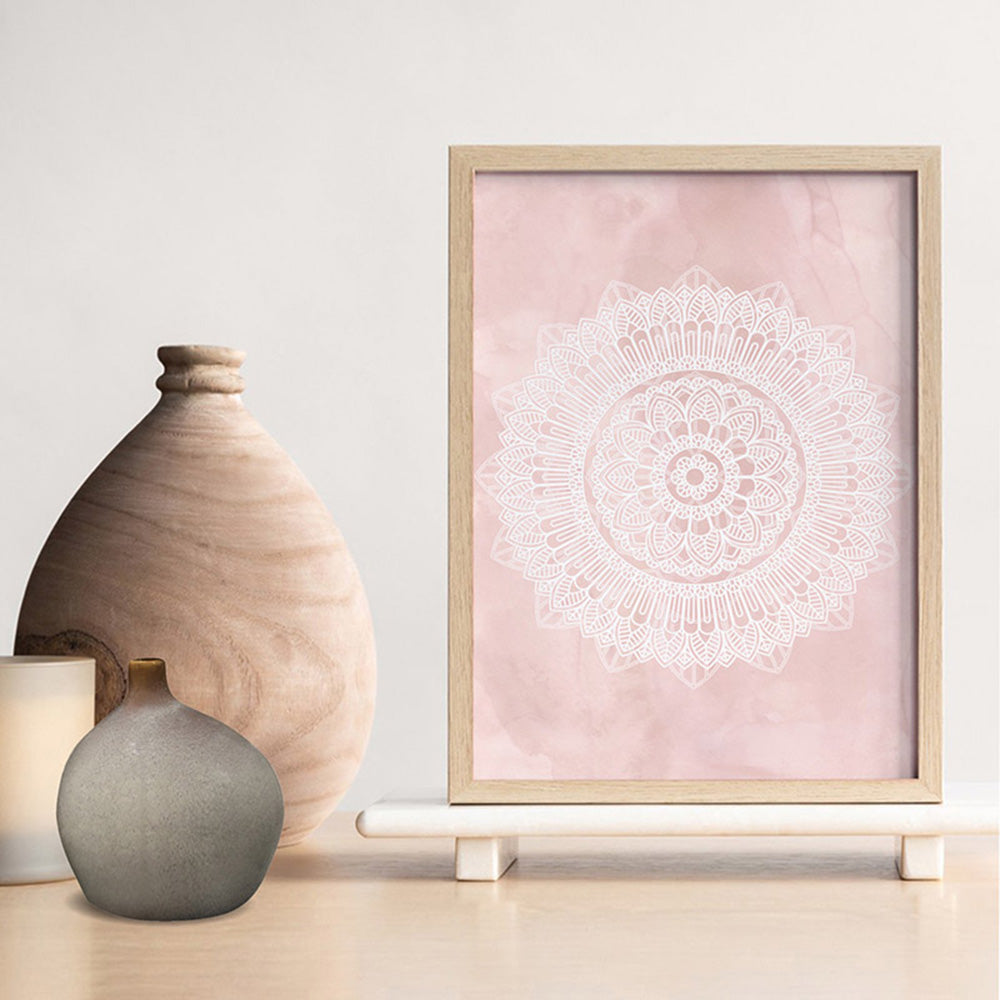 Mandala in Blush - Art Print, Poster, Stretched Canvas or Framed Wall Art Prints, shown framed in a room