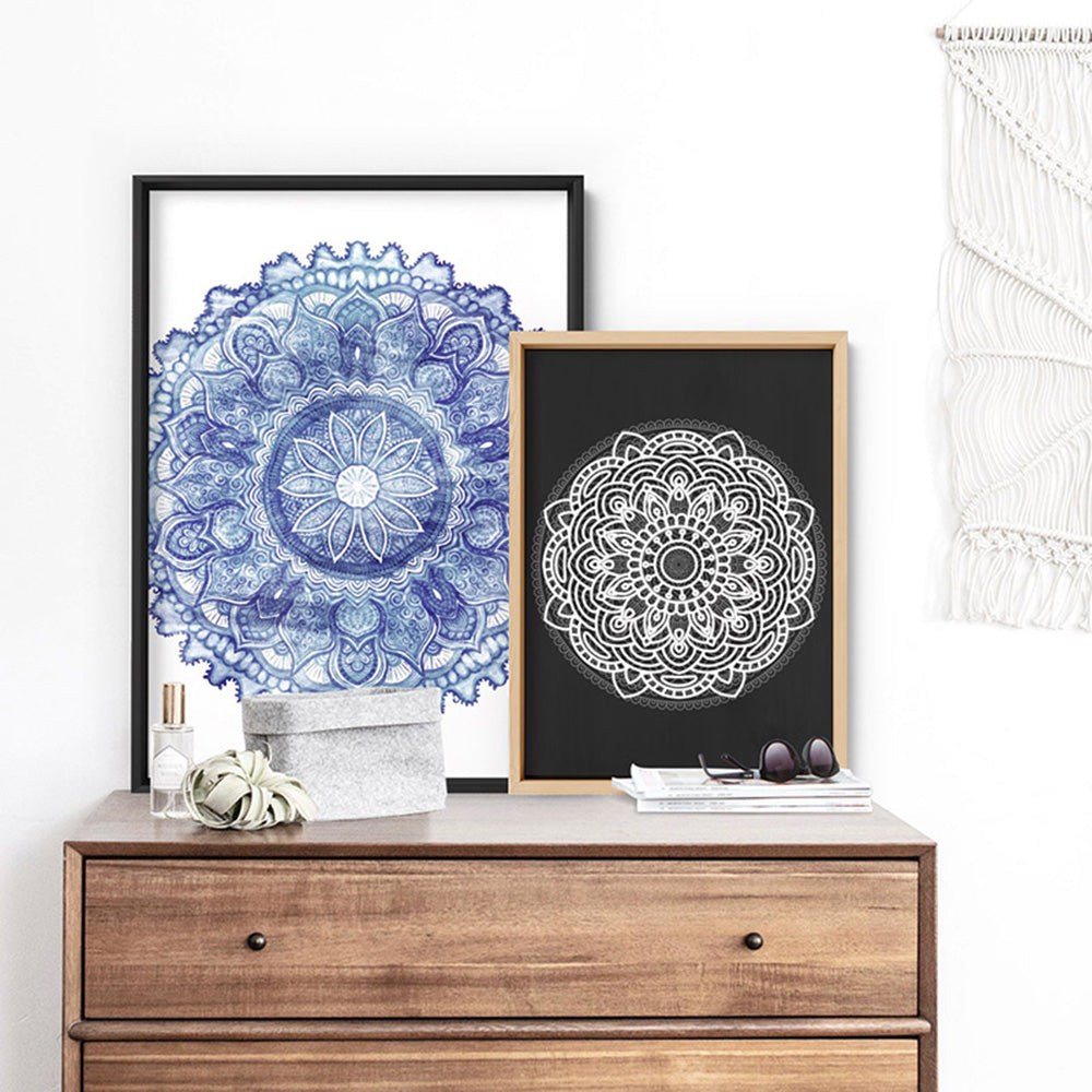 Mandala in Distressed Nautical Watercolours - Art Print, Poster, Stretched Canvas or Framed Wall Art, shown framed in a home interior space