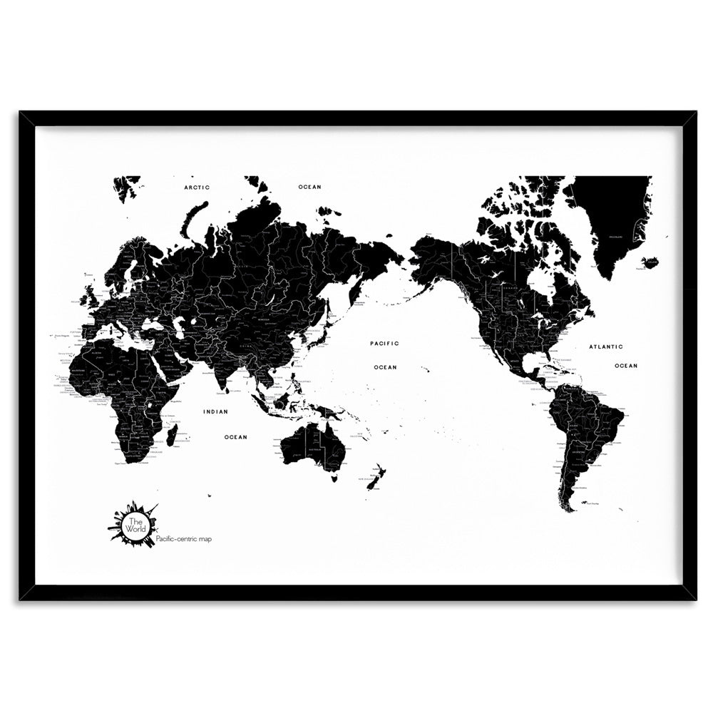 World Map Black & White - Art Print, Poster, Stretched Canvas, or Framed Wall Art Print, shown in a black frame