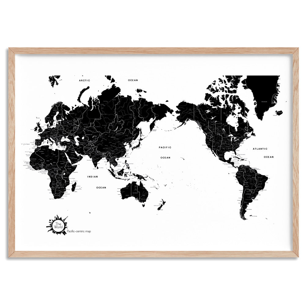 World Map Black & White - Art Print, Poster, Stretched Canvas, or Framed Wall Art Print, shown in a natural timber frame