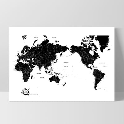 World Map Black & White - Art Print, Poster, Stretched Canvas, or Framed Wall Art Print, shown as a stretched canvas or poster without a frame