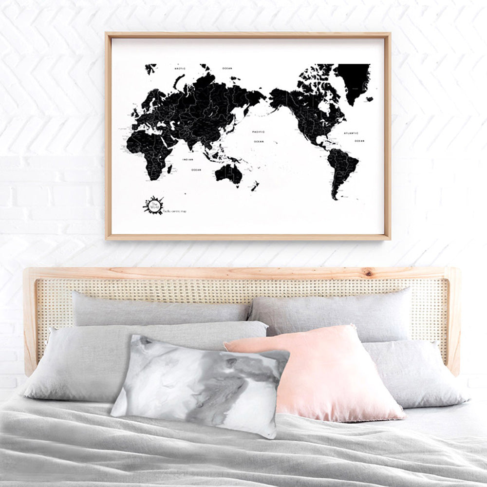 World Map Black & White - Art Print, Poster, Stretched Canvas or Framed Wall Art Prints, shown framed in a room