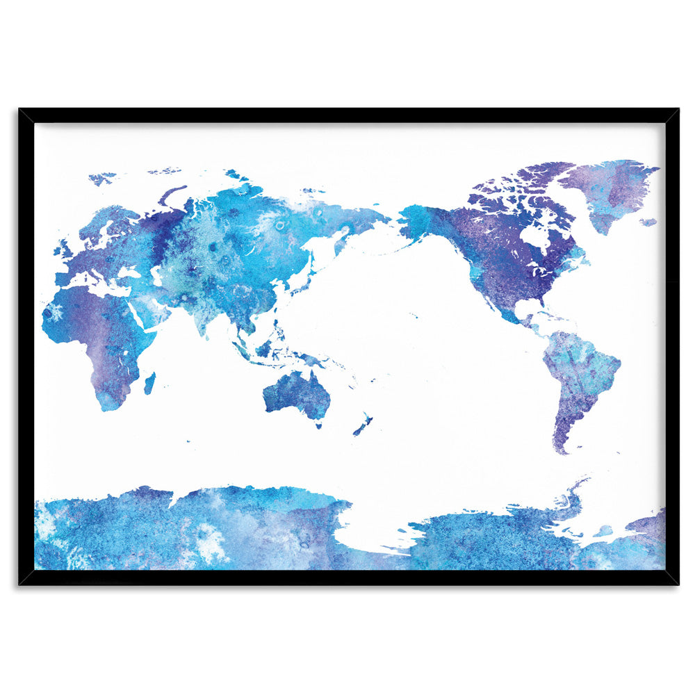 World Map Blue Watercolour - Art Print, Poster, Stretched Canvas, or Framed Wall Art Print, shown in a black frame