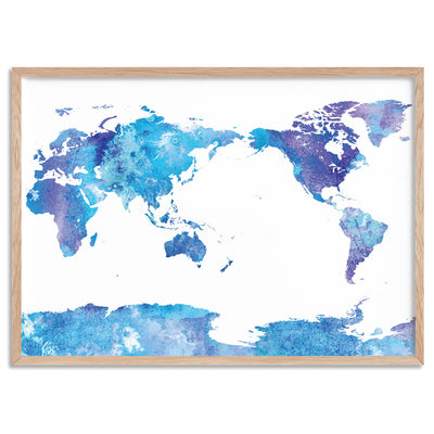 World Map Blue Watercolour - Art Print, Poster, Stretched Canvas, or Framed Wall Art Print, shown in a natural timber frame