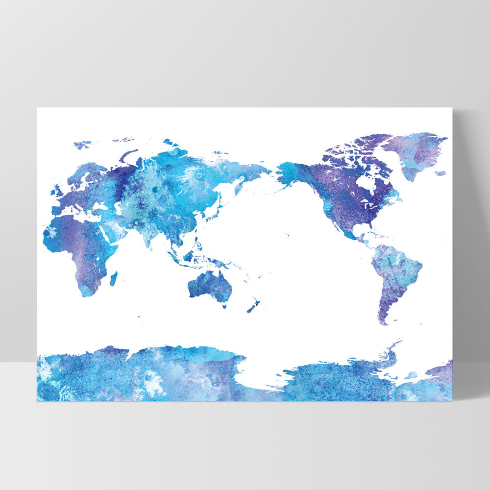 World Map Blue Watercolour - Art Print, Poster, Stretched Canvas, or Framed Wall Art Print, shown as a stretched canvas or poster without a frame