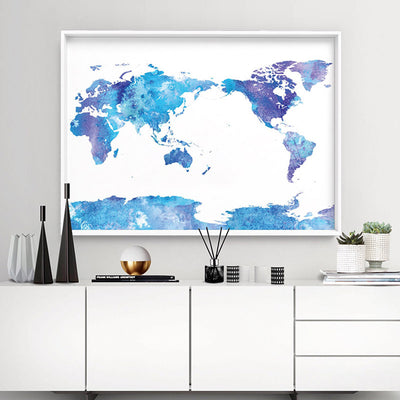 World Map Blue Watercolour - Art Print, Poster, Stretched Canvas or Framed Wall Art Prints, shown framed in a room