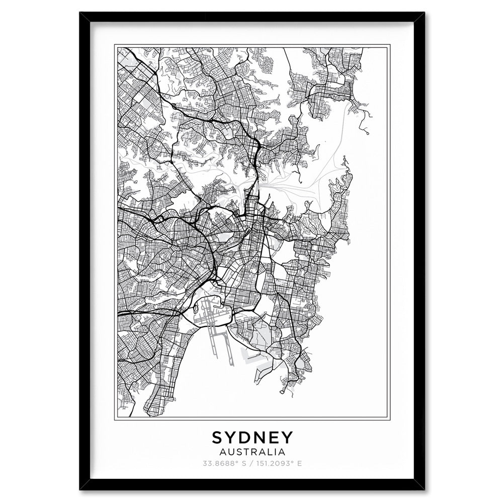 City Map | SYDNEY - Art Print, Poster, Stretched Canvas, or Framed Wall Art Print, shown in a black frame