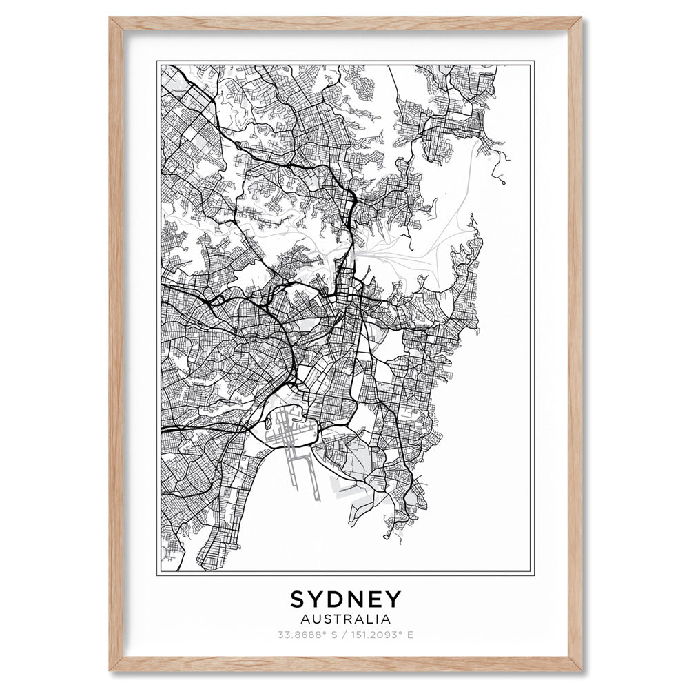 City Map | SYDNEY - Art Print, Poster, Stretched Canvas, or Framed Wall Art Print, shown in a natural timber frame